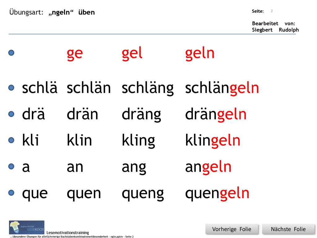 ge gel geln schlä schlän schläng schlängeln drä drän dräng drängeln
