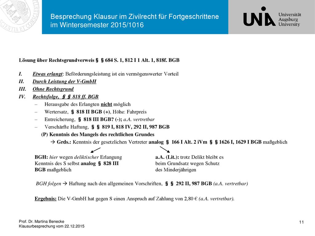 Besprechung Klausur im Zivilrecht für Fortgeschrittene im Wintersemester 2015/1016