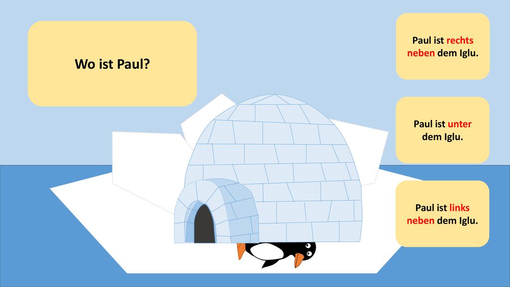 Paul ist rechts neben dem Iglu. Paul ist links neben dem Iglu.