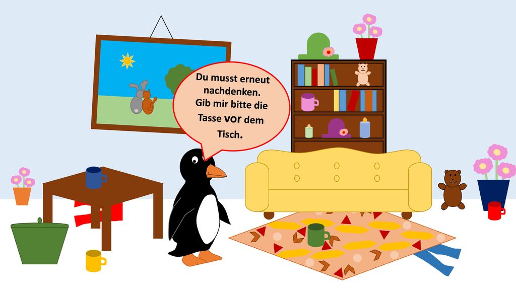 Du musst erneut nachdenken. Gib mir bitte die Tasse vor dem Tisch.