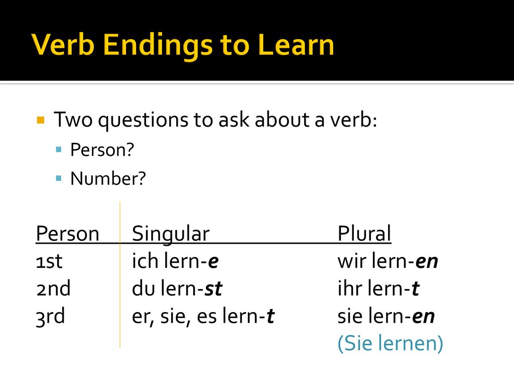 Verb Endings to Learn Two questions to ask about a verb: