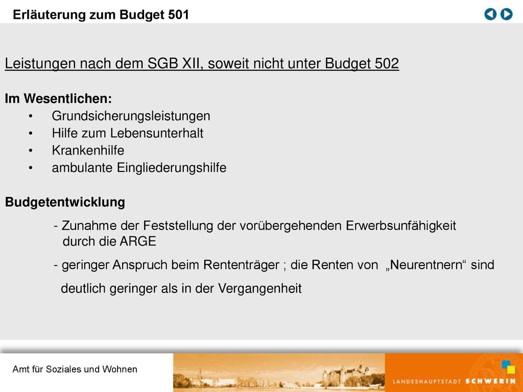 Leistungen nach dem SGB XII, soweit nicht unter Budget 502