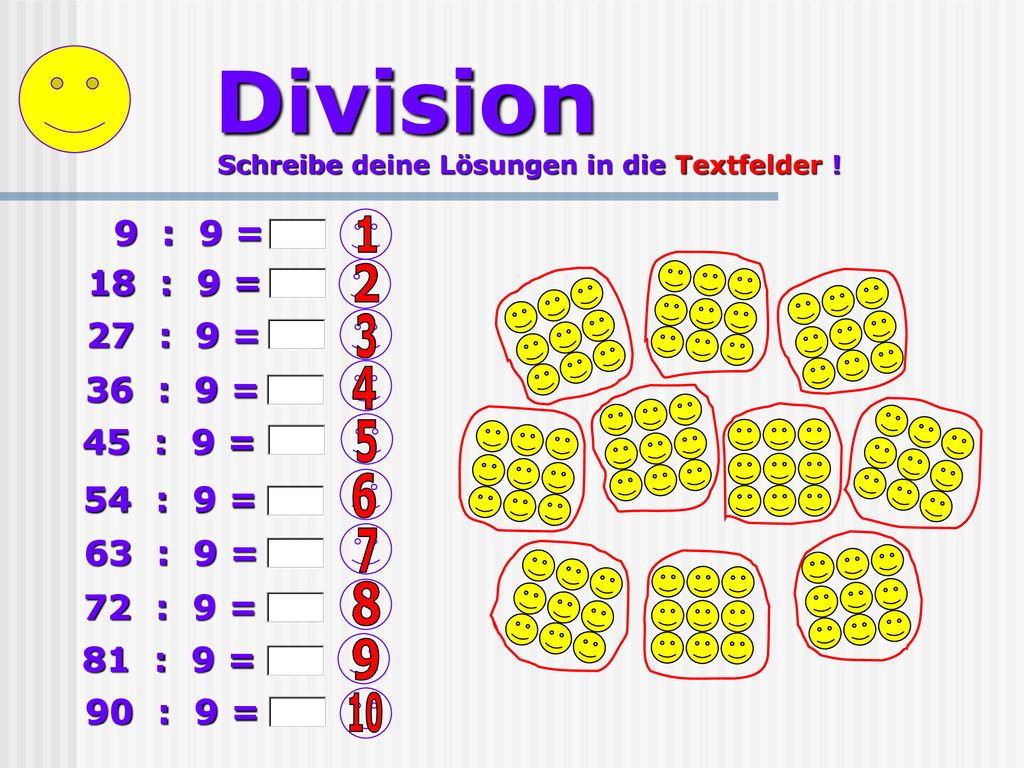 Division Schreibe deine Lösungen in die Textfelder ! 9 : 9 = : 9 = : 9 = 3.