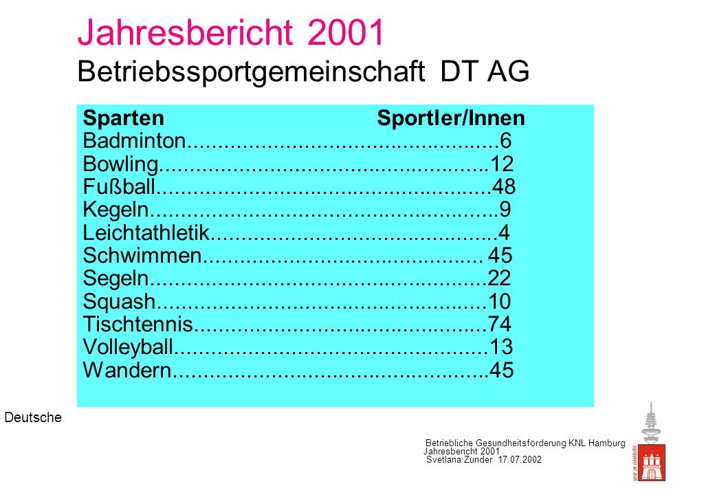 Jahresbericht 2001 Betriebssportgemeinschaft DT AG