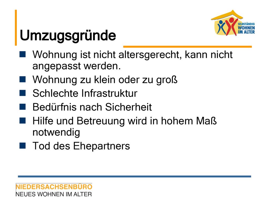 Umzugsgründe Wohnung ist nicht altersgerecht, kann nicht angepasst werden. Wohnung zu klein oder zu groß.