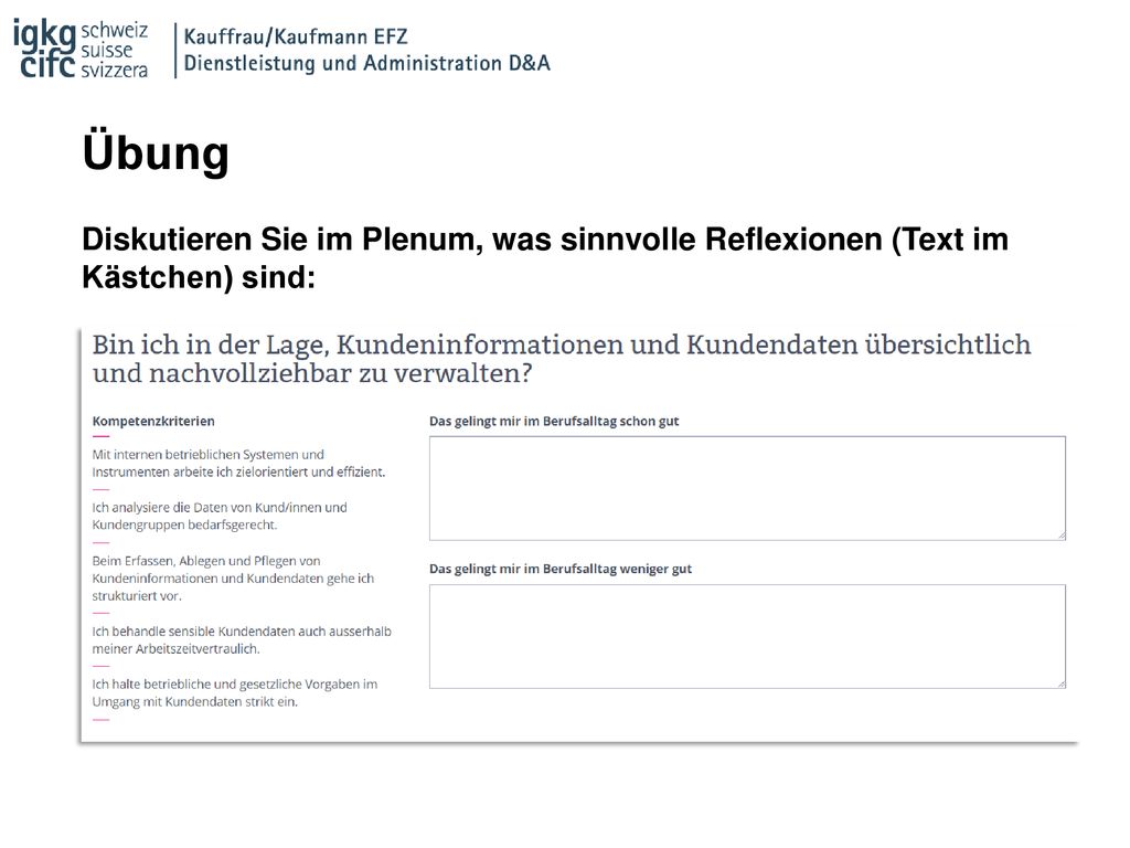 Übung Diskutieren Sie im Plenum, was sinnvolle Reflexionen (Text im Kästchen) sind: Bsp.: