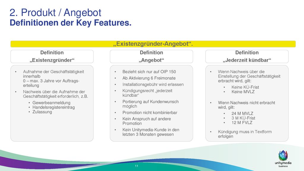 2. Produkt / Angebot Definitionen der Key Features.