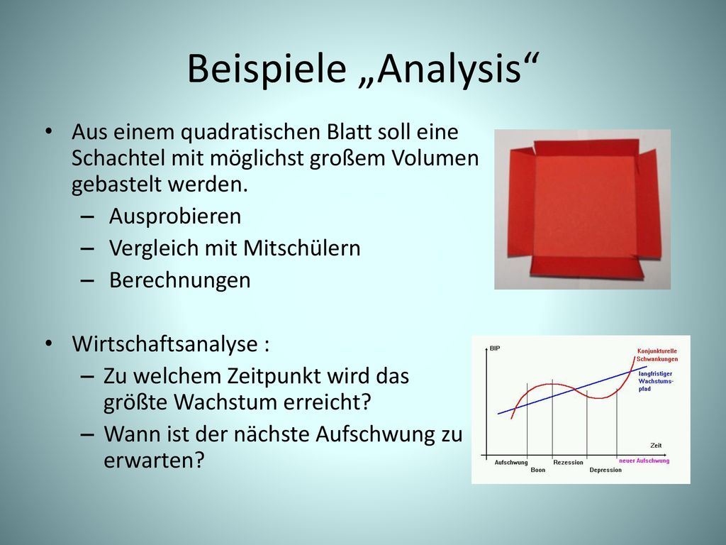 Beispiele „Analysis Aus einem quadratischen Blatt soll eine Schachtel mit möglichst großem Volumen gebastelt werden.