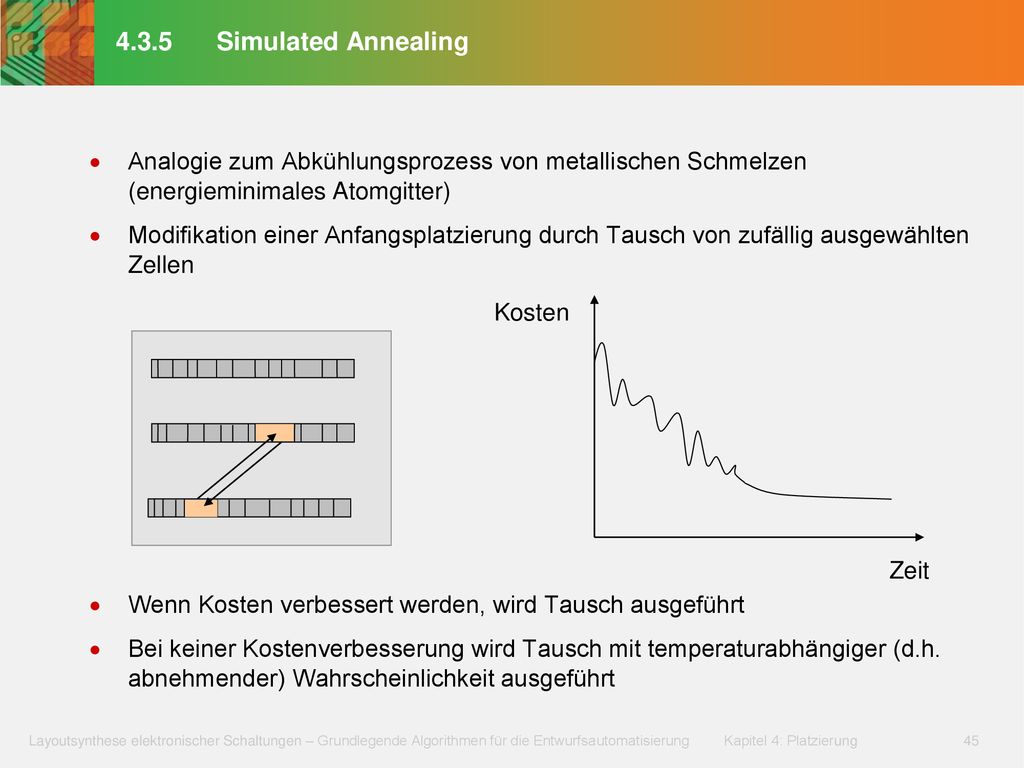 4.3.5 Simulated Annealing Analogie zum Abkühlungsprozess von metallischen Schmelzen (energieminimales Atomgitter)