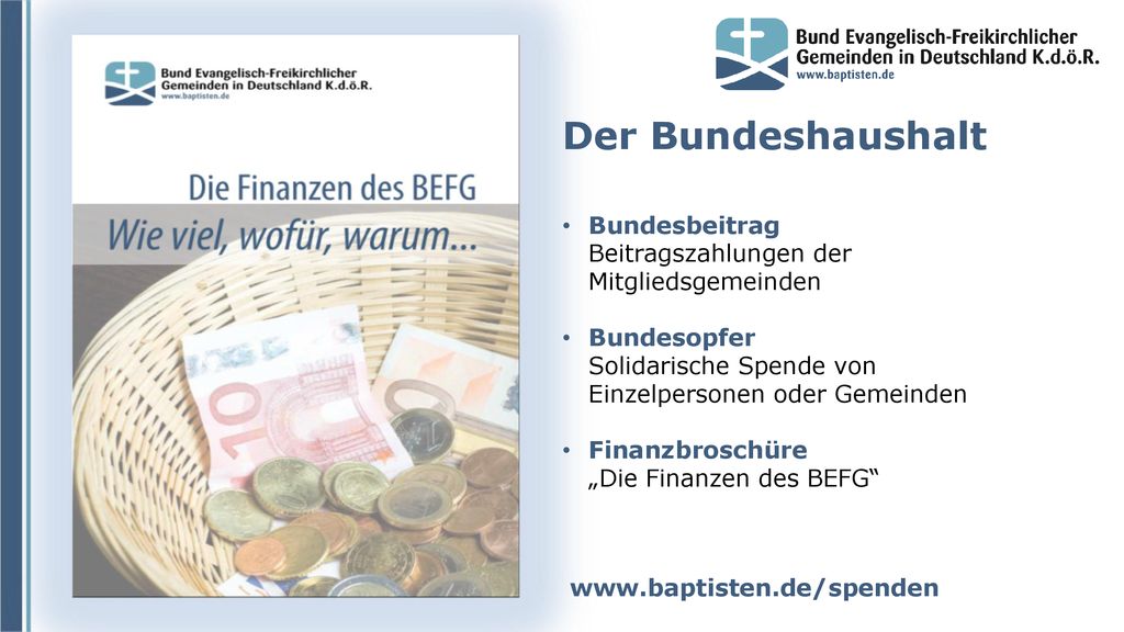 Der Bundeshaushalt Bundesbeitrag Beitragszahlungen der Mitgliedsgemeinden. Bundesopfer Solidarische Spende von Einzelpersonen oder Gemeinden.
