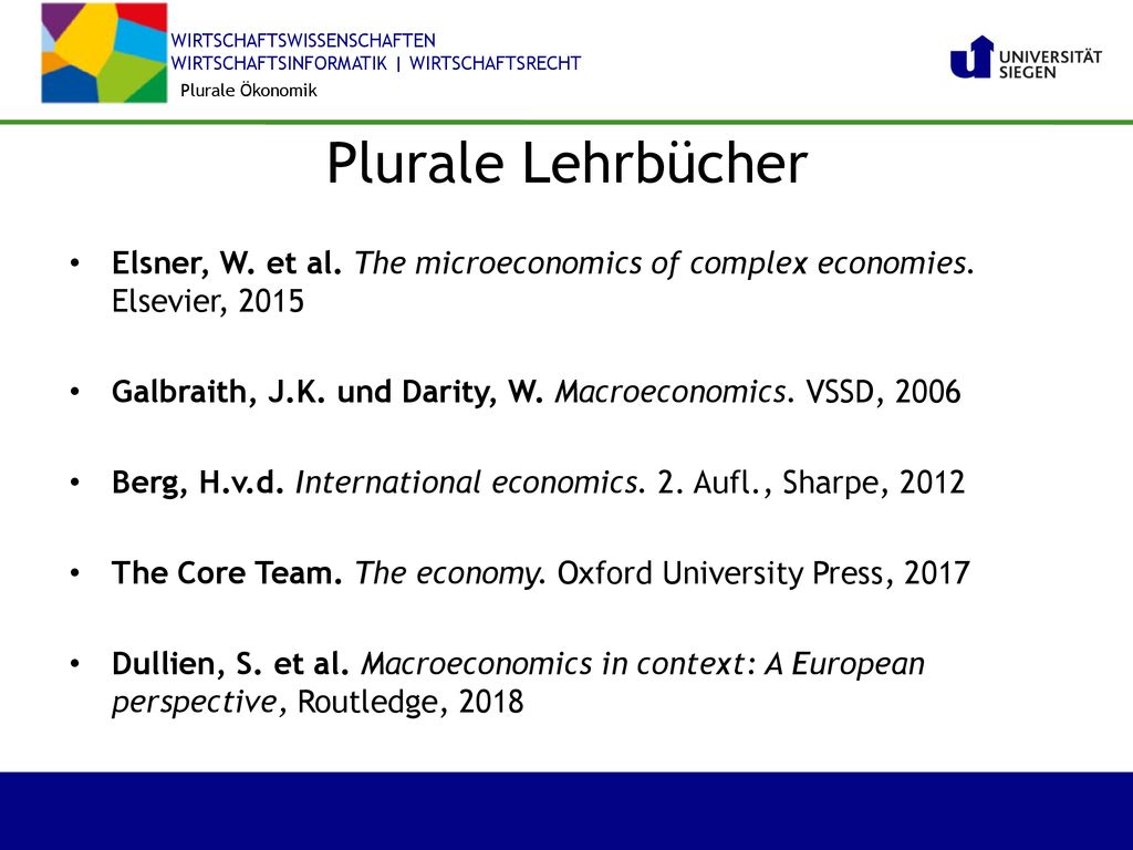 Plurale Ökonomik Plurale Lehrbücher. Elsner, W. et al. The microeconomics of complex economies. Elsevier,