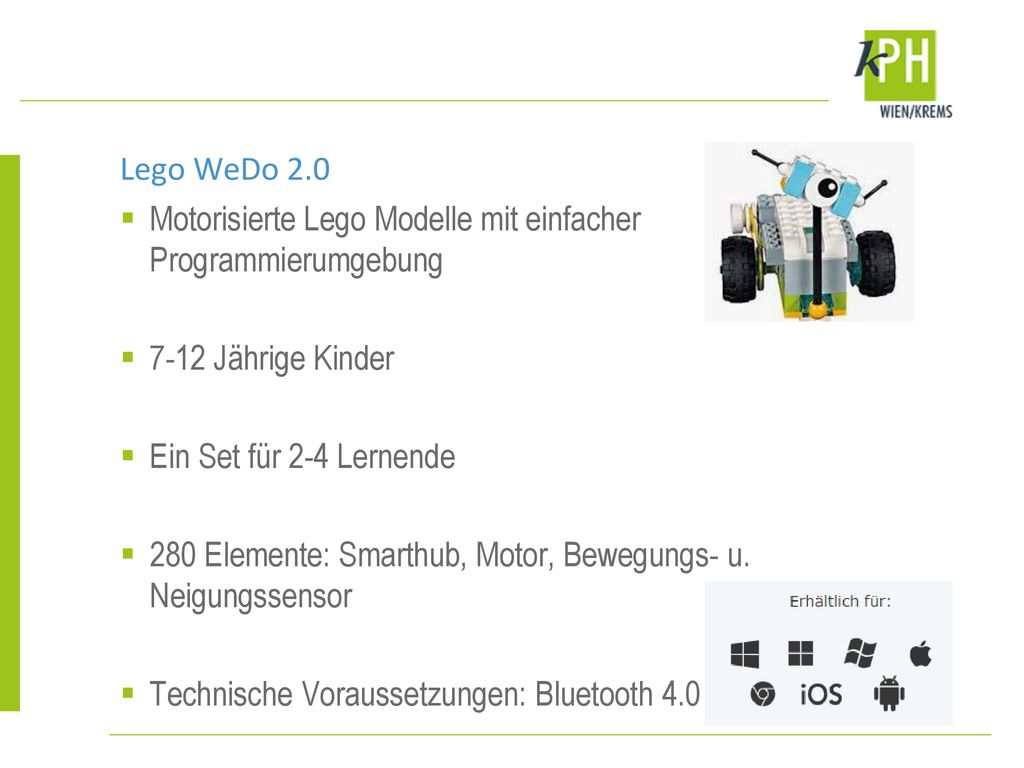 Lego WeDo 2.0 Motorisierte Lego Modelle mit einfacher Programmierumgebung Jährige Kinder. Ein Set für 2-4 Lernende.