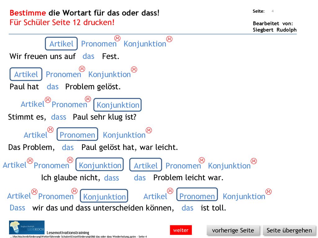 Bestimme die Wortart für das oder dass! Für Schüler Seite 12 drucken!