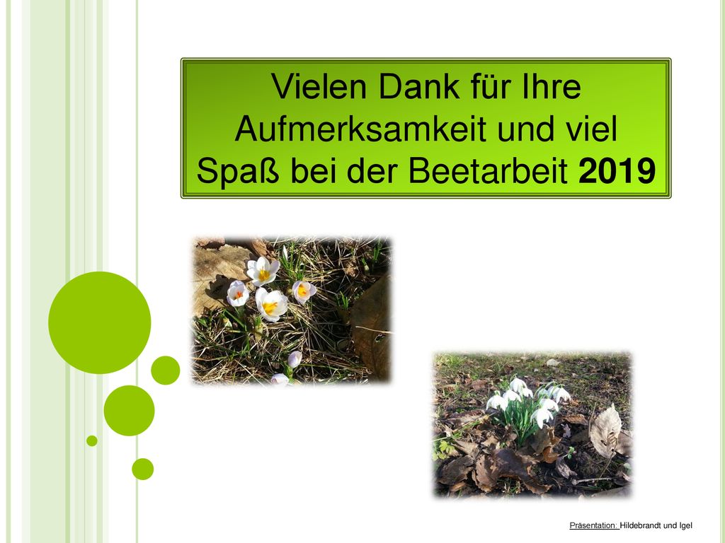 Vielen Dank für Ihre Aufmerksamkeit und viel Spaß bei der Beetarbeit 2019