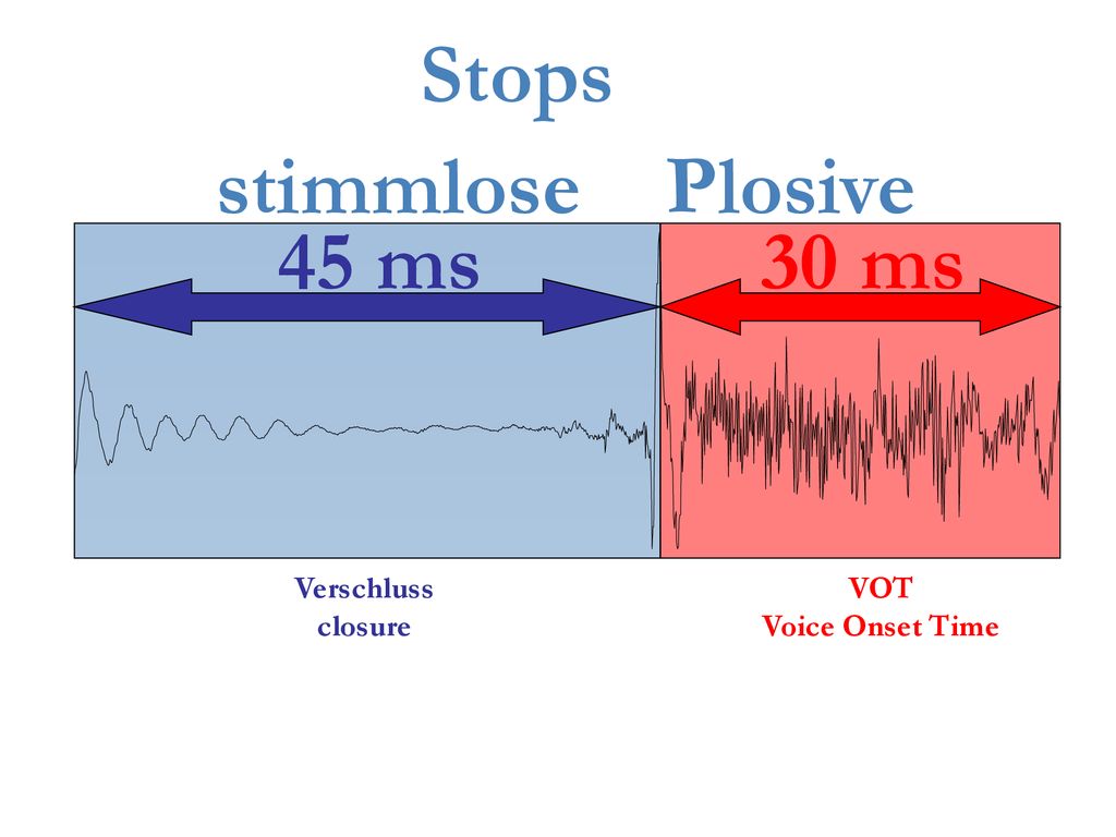 Stops stimmlose Plosive 45 ms 30 ms Verschluss closure VOT