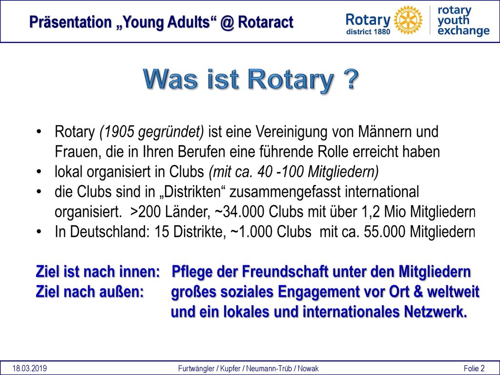 Was ist Rotary Rotary (1905 gegründet) ist eine Vereinigung von Männern und Frauen, die in Ihren Berufen eine führende Rolle erreicht haben.