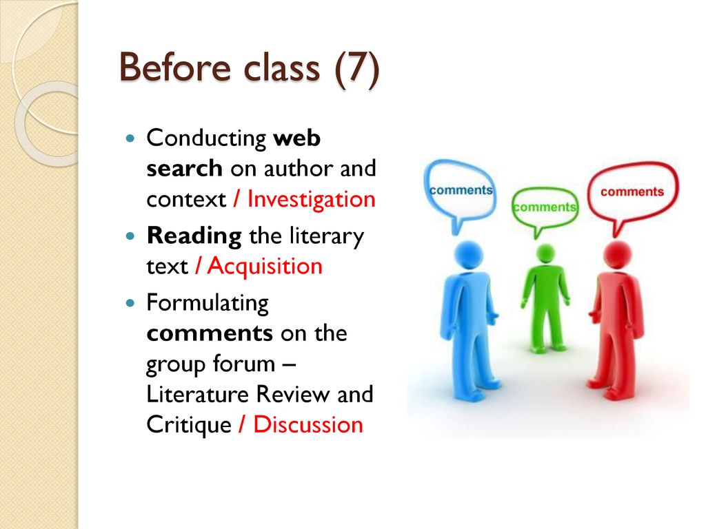 Before class (7) Conducting web search on author and context / Investigation. Reading the literary text / Acquisition.