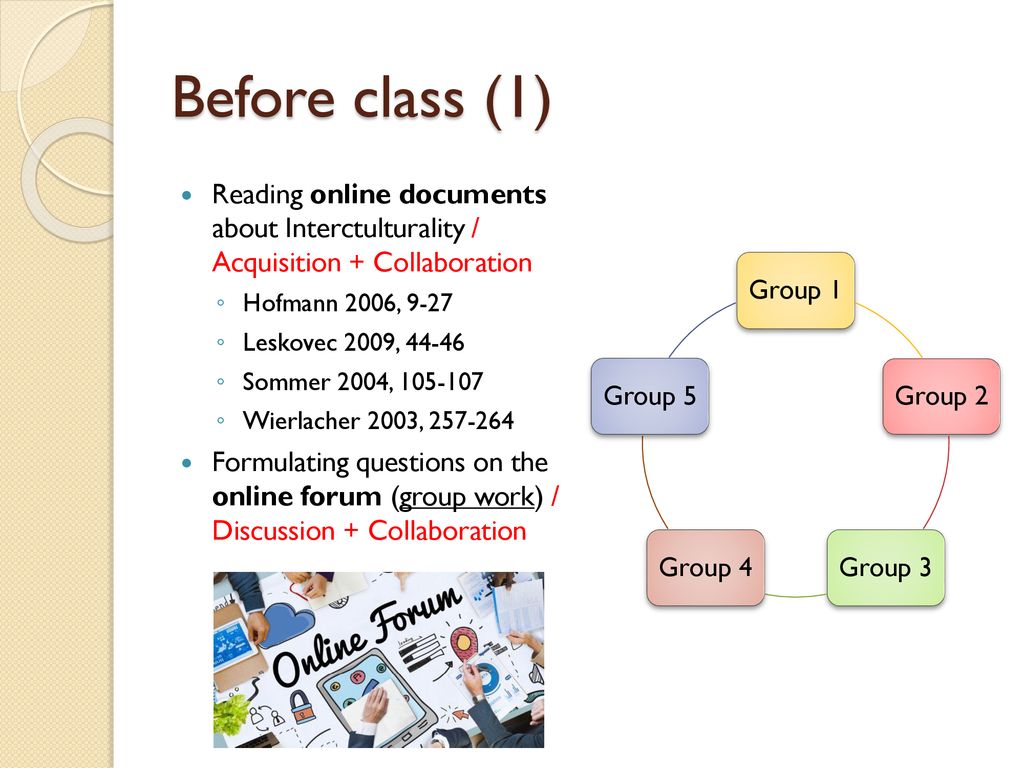 Before class (1) Reading online documents about Interctulturality / Acquisition + Collaboration. Hofmann 2006,