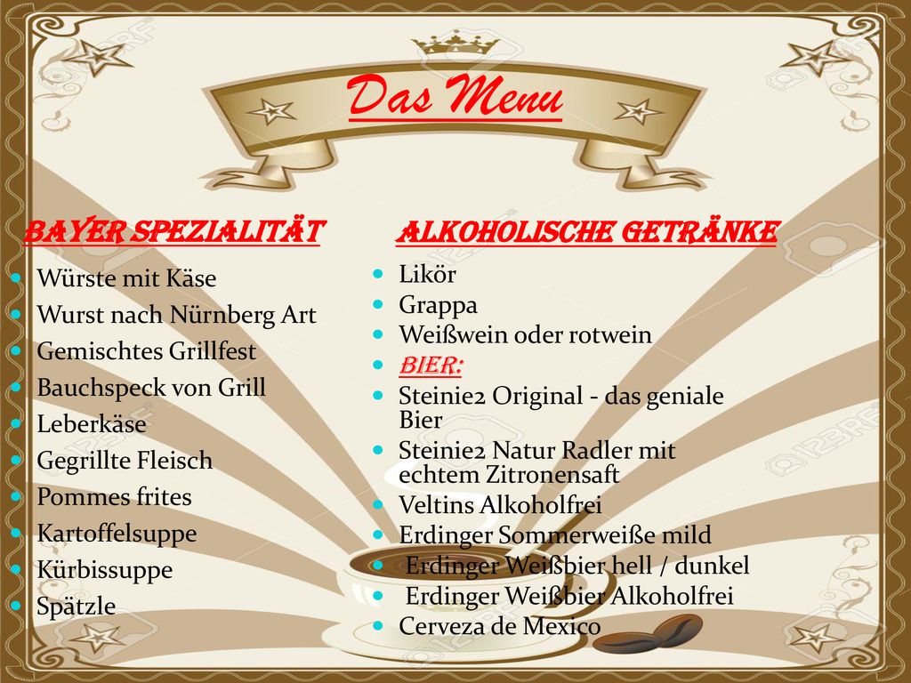 Das Menu Bayer Spezialität ALKOHOLISCHE GETRÄNKE Likör Würste mit Käse