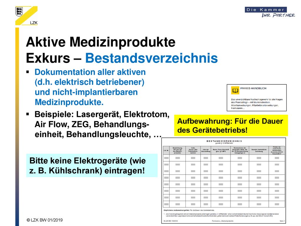 Aktive Medizinprodukte Exkurs – Bestandsverzeichnis