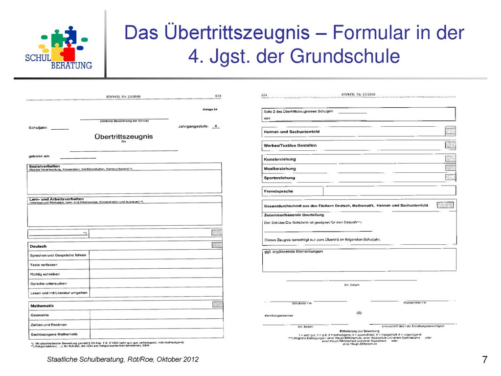 Das Übertrittszeugnis – Formular in der 4. Jgst. der Grundschule