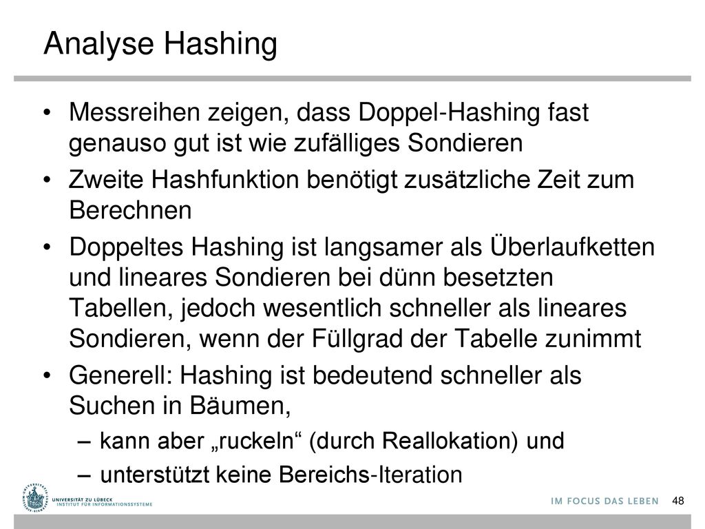 Analyse Hashing Messreihen zeigen, dass Doppel-Hashing fast genauso gut ist wie zufälliges Sondieren.