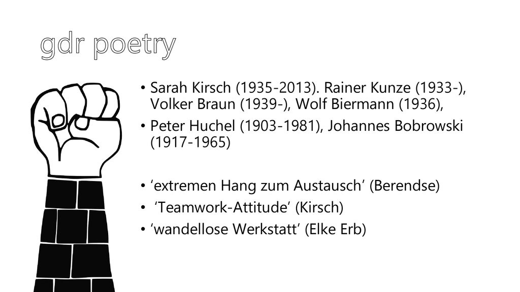 gdr poetry Sarah Kirsch ( ). Rainer Kunze (1933-), Volker Braun (1939-), Wolf Biermann (1936),