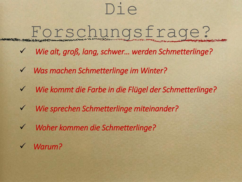 Die Forschungsfrage Wie alt, groß, lang, schwer… werden Schmetterlinge Was machen Schmetterlinge im Winter