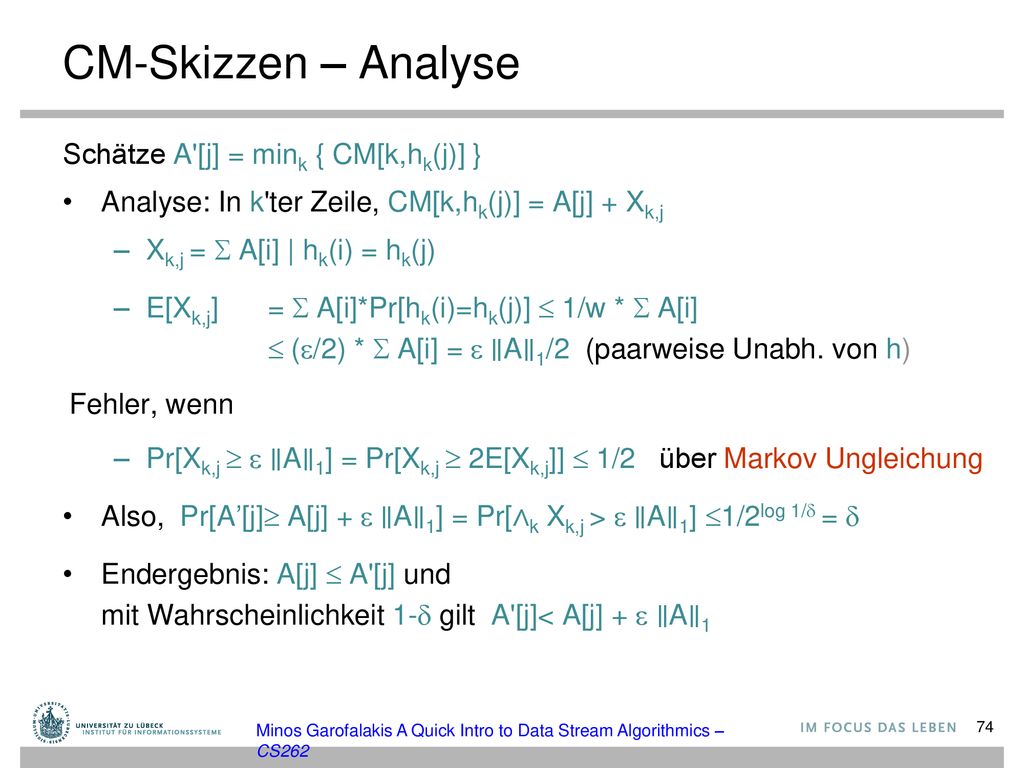 CM-Skizzen – Analyse Schätze A [j] = mink { CM[k,hk(j)] }
