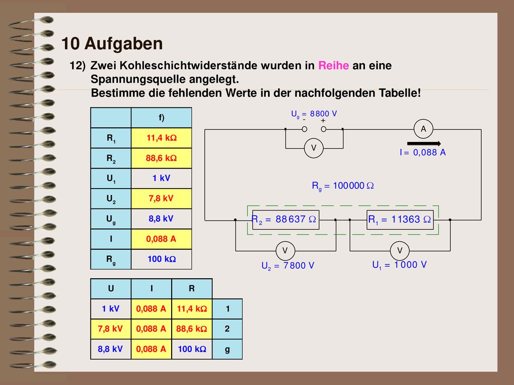 10 Aufgaben 12) Zwei Kohleschichtwiderstände wurden in Reihe an eine Spannungsquelle angelegt.