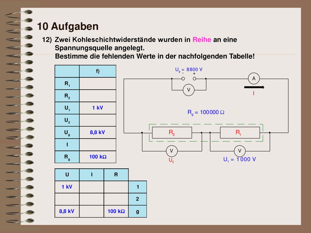 10 Aufgaben 12) Zwei Kohleschichtwiderstände wurden in Reihe an eine Spannungsquelle angelegt.