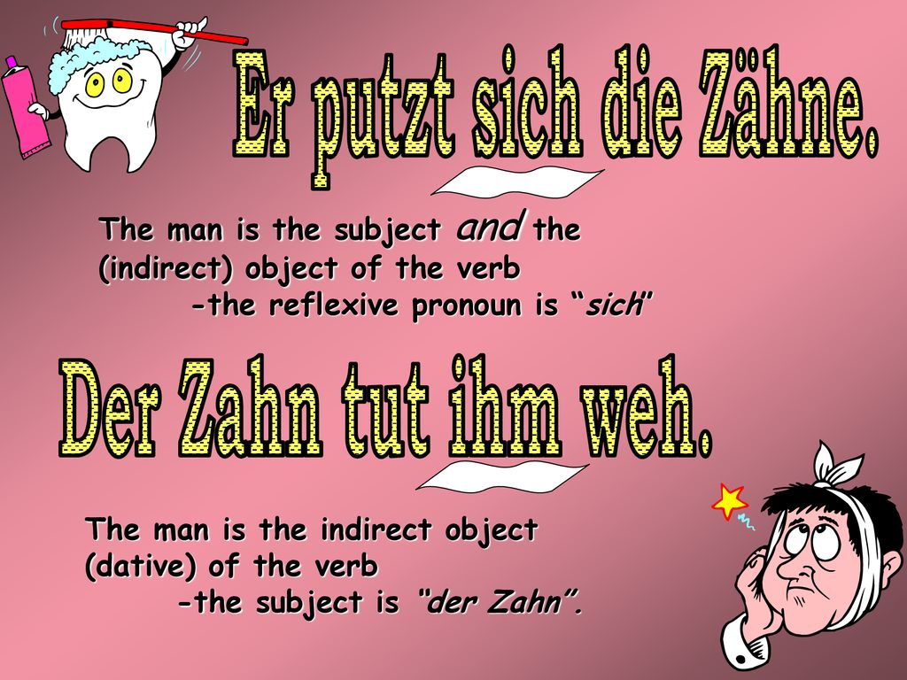 Er putzt sich die Zähne. Der Zahn tut ihm weh.