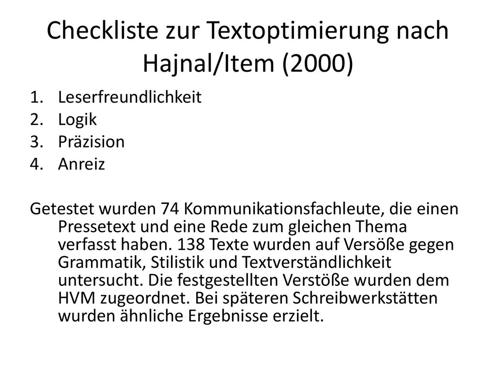 Checkliste zur Textoptimierung nach Hajnal/Item (2000)