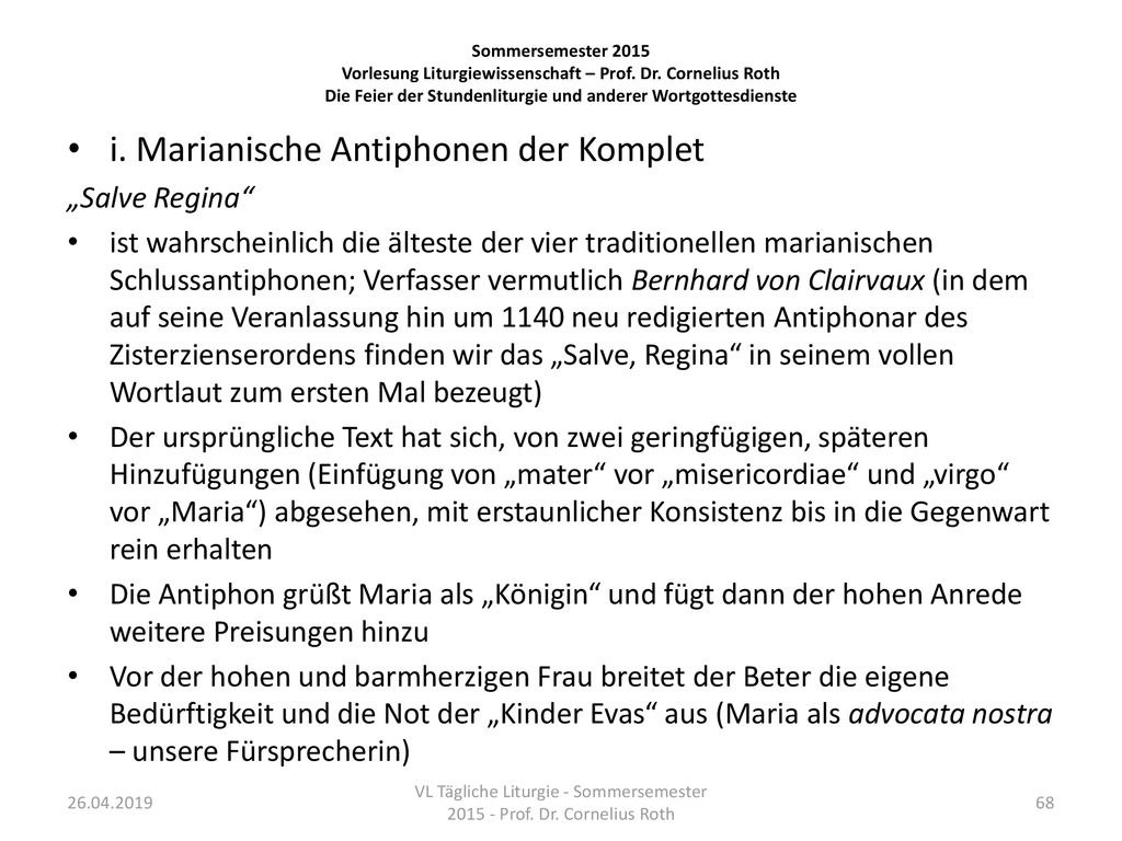 VL Tägliche Liturgie - Sommersemester Prof. Dr. Cornelius Roth