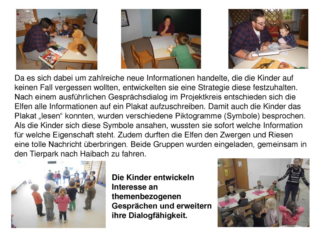 Da es sich dabei um zahlreiche neue Informationen handelte, die die Kinder auf keinen Fall vergessen wollten, entwickelten sie eine Strategie diese festzuhalten. Nach einem ausführlichen Gesprächsdialog im Projektkreis entschieden sich die Elfen alle Informationen auf ein Plakat aufzuschreiben. Damit auch die Kinder das Plakat „lesen konnten, wurden verschiedene Piktogramme (Symbole) besprochen. Als die Kinder sich diese Symbole ansahen, wussten sie sofort welche Information für welche Eigenschaft steht. Zudem durften die Elfen den Zwergen und Riesen eine tolle Nachricht überbringen. Beide Gruppen wurden eingeladen, gemeinsam in den Tierpark nach Haibach zu fahren.