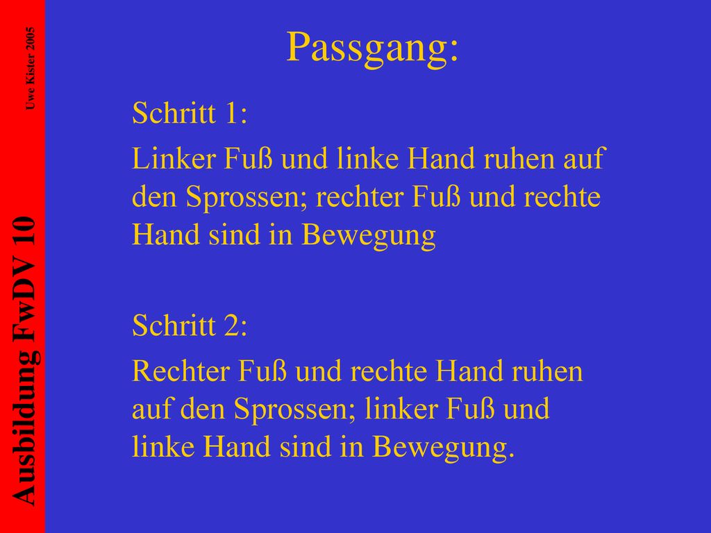 Passgang: Schritt 1: Linker Fuß und linke Hand ruhen auf den Sprossen; rechter Fuß und rechte Hand sind in Bewegung.