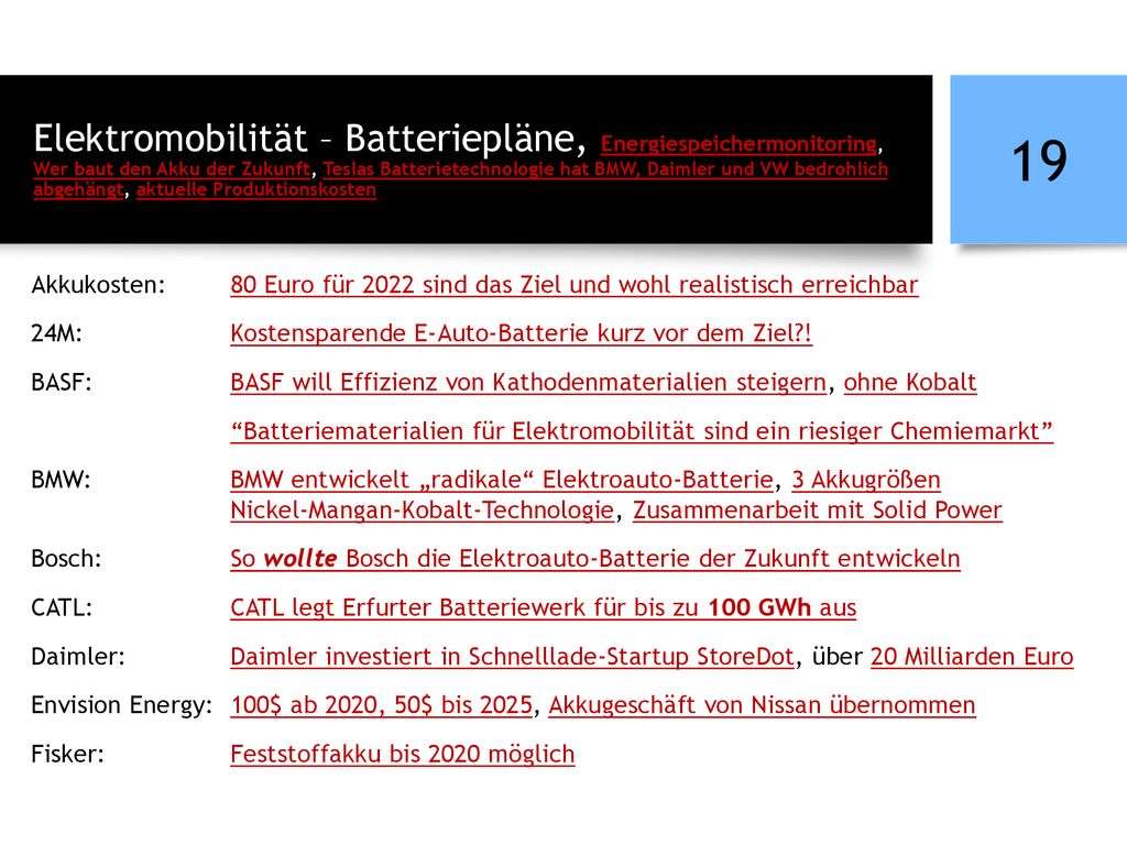 Elektromobilität – Batteriepläne, Energiespeichermonitoring, Wer baut den Akku der Zukunft, Teslas Batterietechnologie hat BMW, Daimler und VW bedrohlich abgehängt, aktuelle Produktionskosten