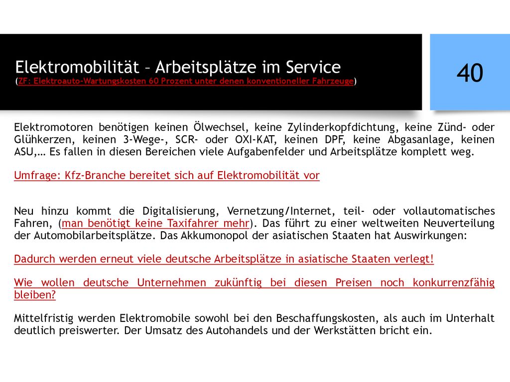 Elektromobilität – Arbeitsplätze im Service (ZF: Elektroauto-Wartungskosten 60 Prozent unter denen konventioneller Fahrzeuge)