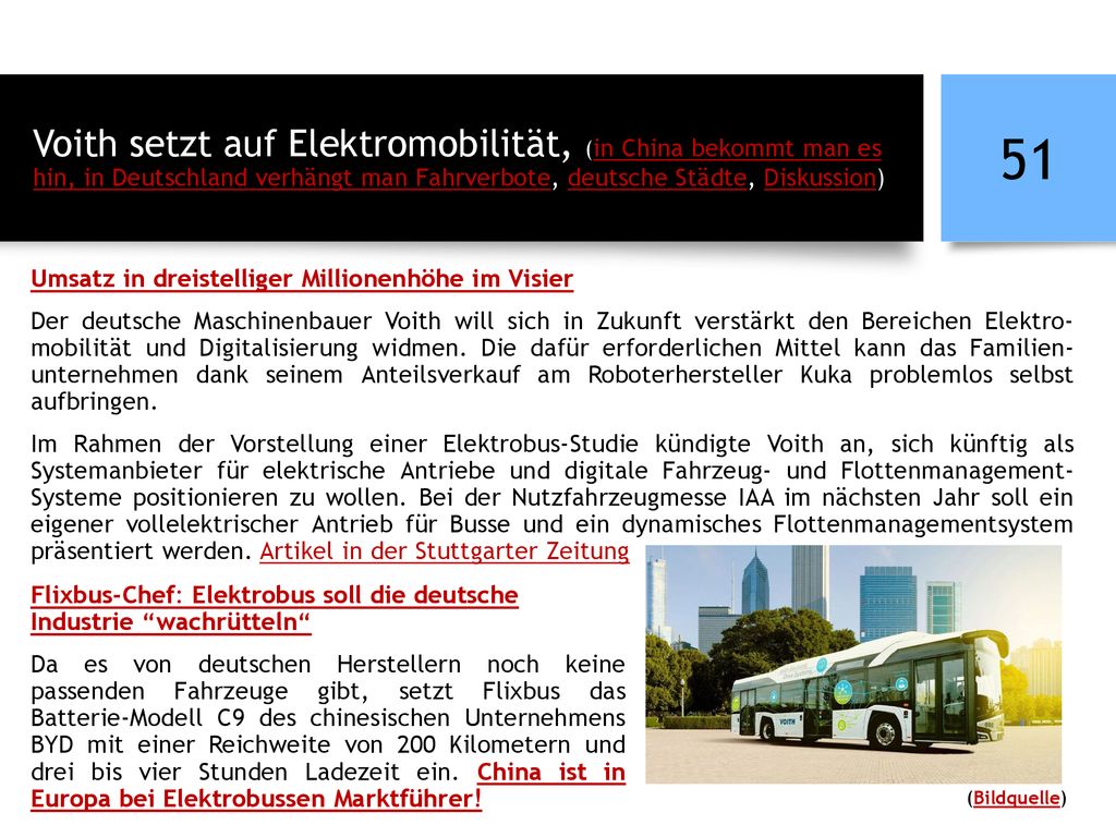 Voith setzt auf Elektromobilität, (in China bekommt man es hin, in Deutschland verhängt man Fahrverbote, deutsche Städte, Diskussion)