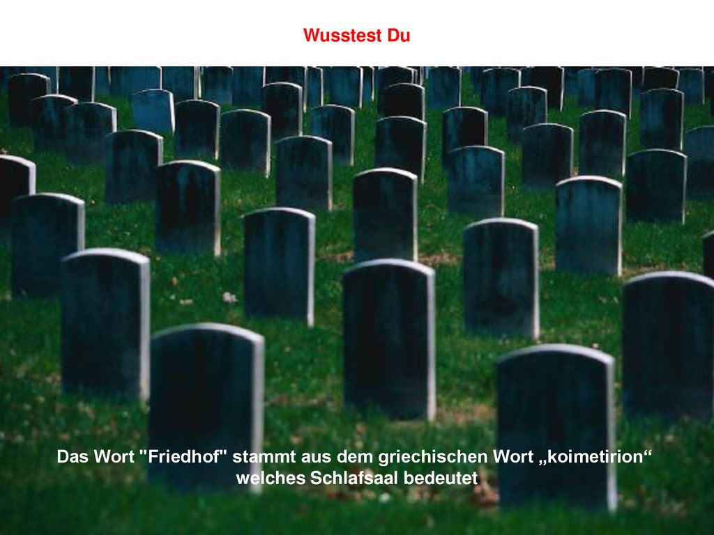 Das Wort Friedhof stammt aus dem griechischen Wort „koimetirion