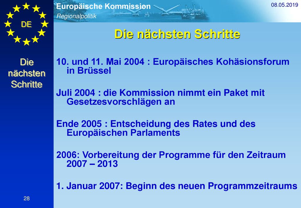 Die nächsten Schritte. 10. und 11. Mai 2004 : Europäisches Kohäsionsforum in Brüssel.