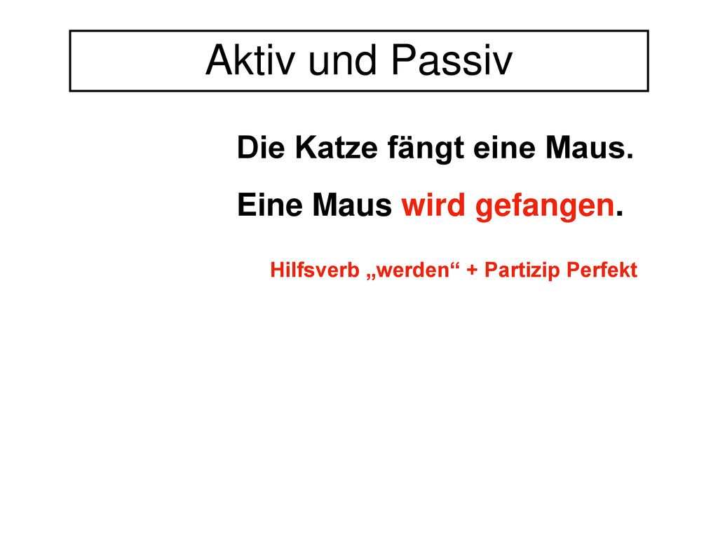 Aktiv und Passiv Die Katze fängt eine Maus. Eine Maus wird gefangen.