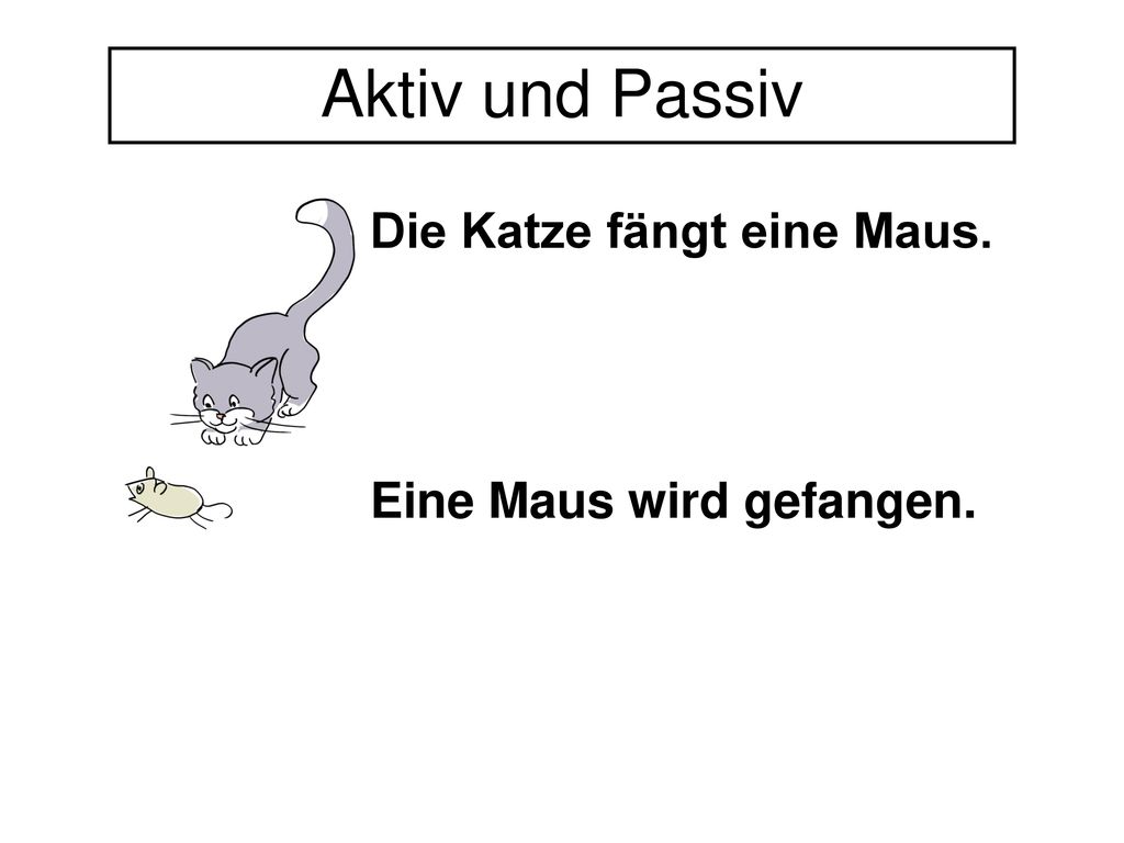 Aktiv und Passiv Die Katze fängt eine Maus. Eine Maus wird gefangen.
