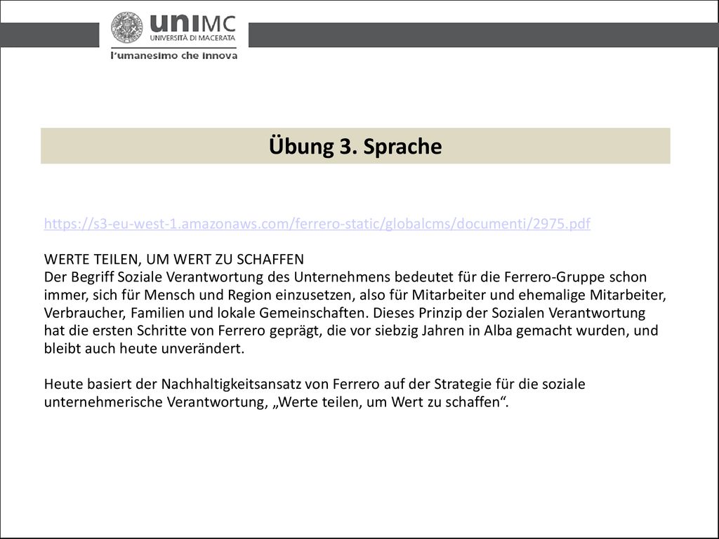 Übung 3. Sprache   WERTE TEILEN, UM WERT ZU SCHAFFEN.
