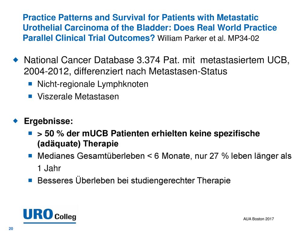 Practice Patterns and Survival for Patients with Metastatic Urothelial Carcinoma of the Bladder: Does Real World Practice Parallel Clinical Trial Outcomes William Parker et al. MP34-02