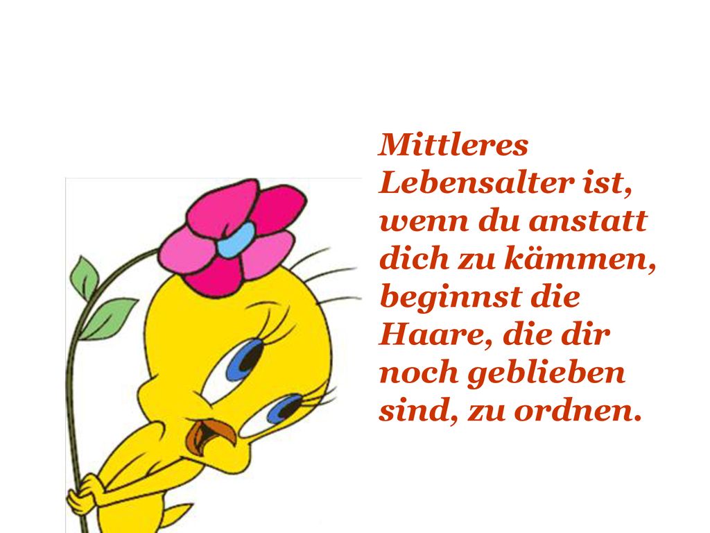 Mittleres Lebensalter ist, wenn du anstatt dich zu kämmen, beginnst die Haare, die dir noch geblieben sind, zu ordnen.