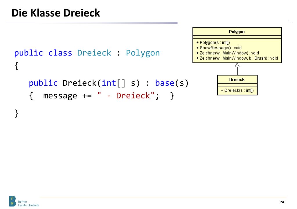 Die Klasse Dreieck public class Dreieck : Polygon { public Dreieck(int[] s) : base(s) { message += - Dreieck ; } }
