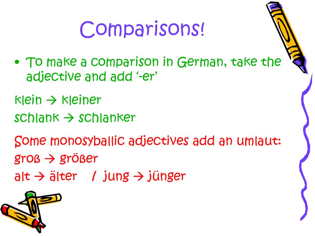 Comparisons! To make a comparison in German, take the adjective and add ‘-er’ klein  kleiner. schlank  schlanker.
