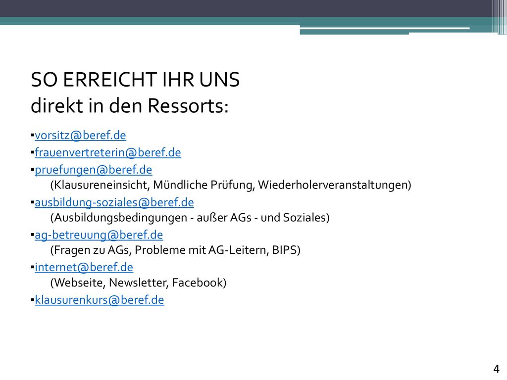 SO ERREICHT IHR UNS direkt in den Ressorts: