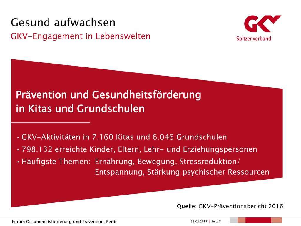 Gesund aufwachsen GKV-Engagement in Lebenswelten. Prävention und Gesundheitsförderung in Kitas und Grundschulen.